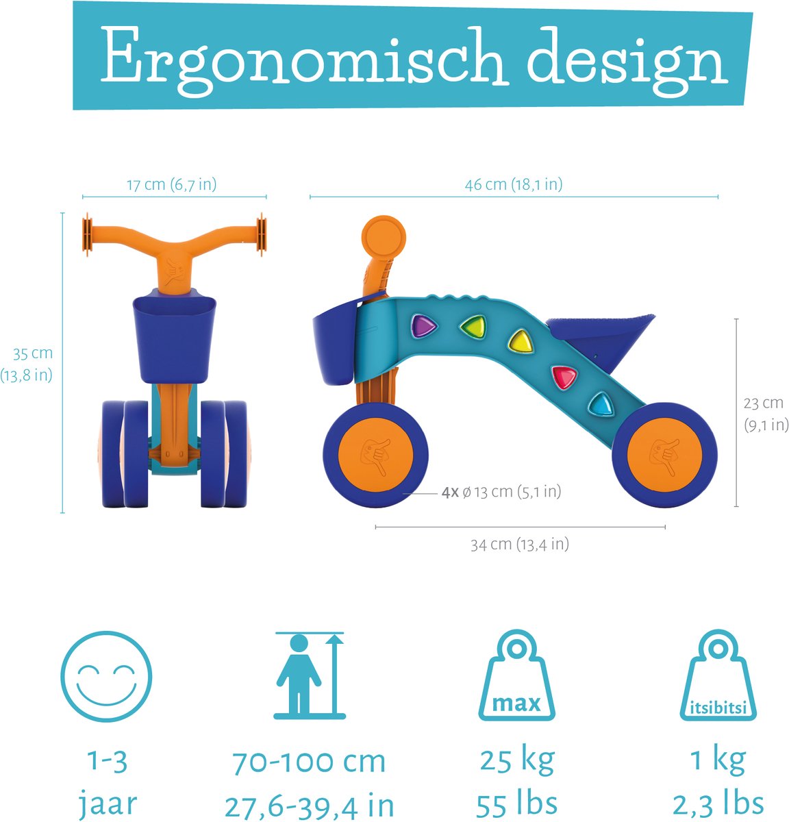 Chillafish Loopfiets 1 jaar voor jongens en meisjes met speelblokken - Loopwagen voor peuters tot 3 jaar met mandje - Blauw - Lichtgewicht - Stille anti slip banden voor binnen en buiten - Stabiele vierwieler - Model Itsibitsi
