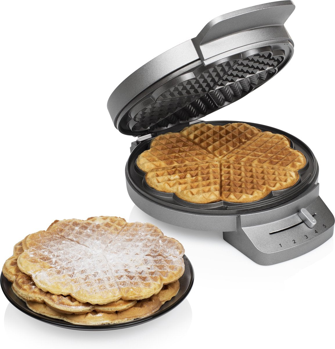 Princess 132380 Wafelijzer – 5 hartvormige wafels - 1200W - Regelbare thermostaat – 5 standen - Anti aanbaklaag - PFAS-vrij - Zilver - Gaufrier