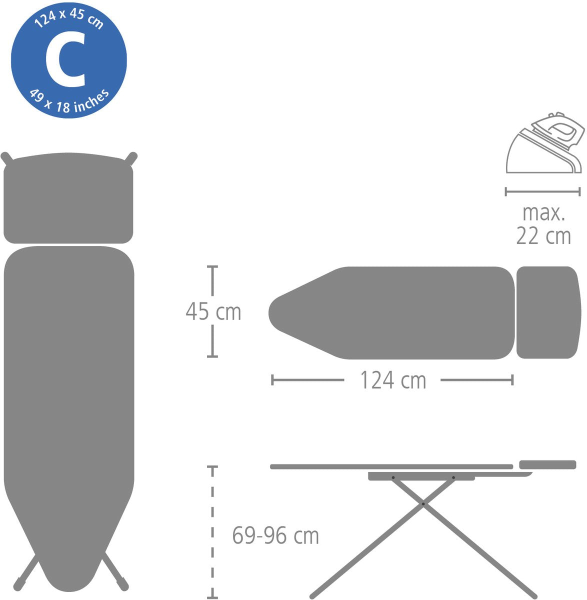 Brabantia Strijkplank C - voor Stoomgenerator - 124 x 45 cm - Denim Black
