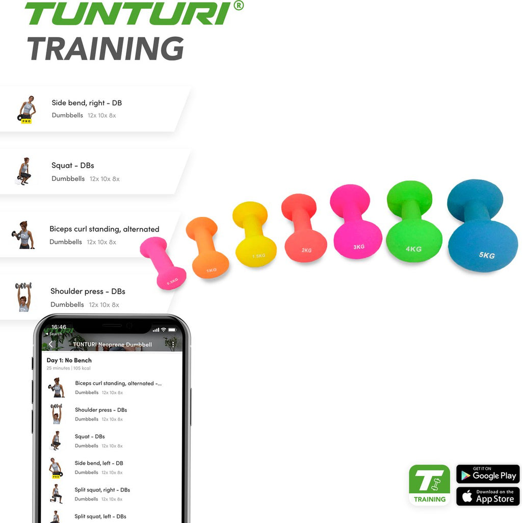 Tunturi Dumbbell set - 2 x 2.0 kg - Neoprene - Fluorescent Red - Incl. free fitness app