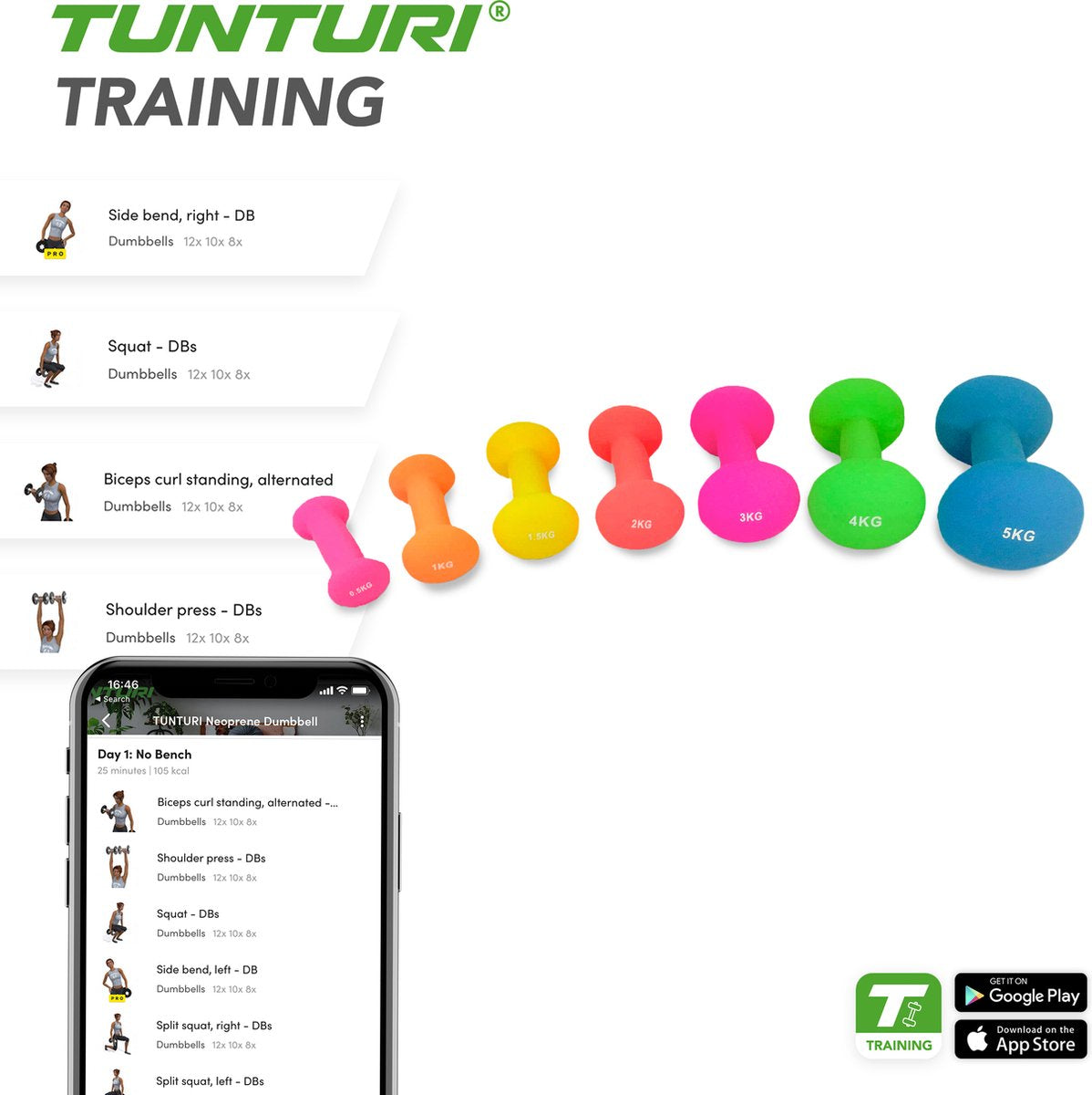 Tunturi Dumbbell set - 2 x 2.0 kg - Neoprene - Fluorescent Red - Incl. free fitness app