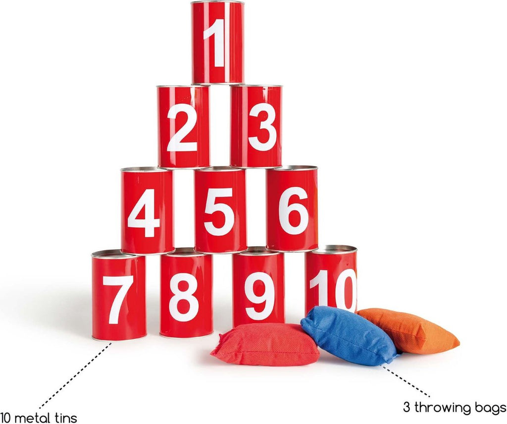 BS Toys Tin Can Alley Throwing Game - Bean Bag Toss Toy - Kids' Toys for Ages 3 and Up - Outdoor Toys - 10 Cans - Red - Games for Kids - Outdoor Toys - Outdoor Game - Outdoor Games - Garden Toys - Children's Gift