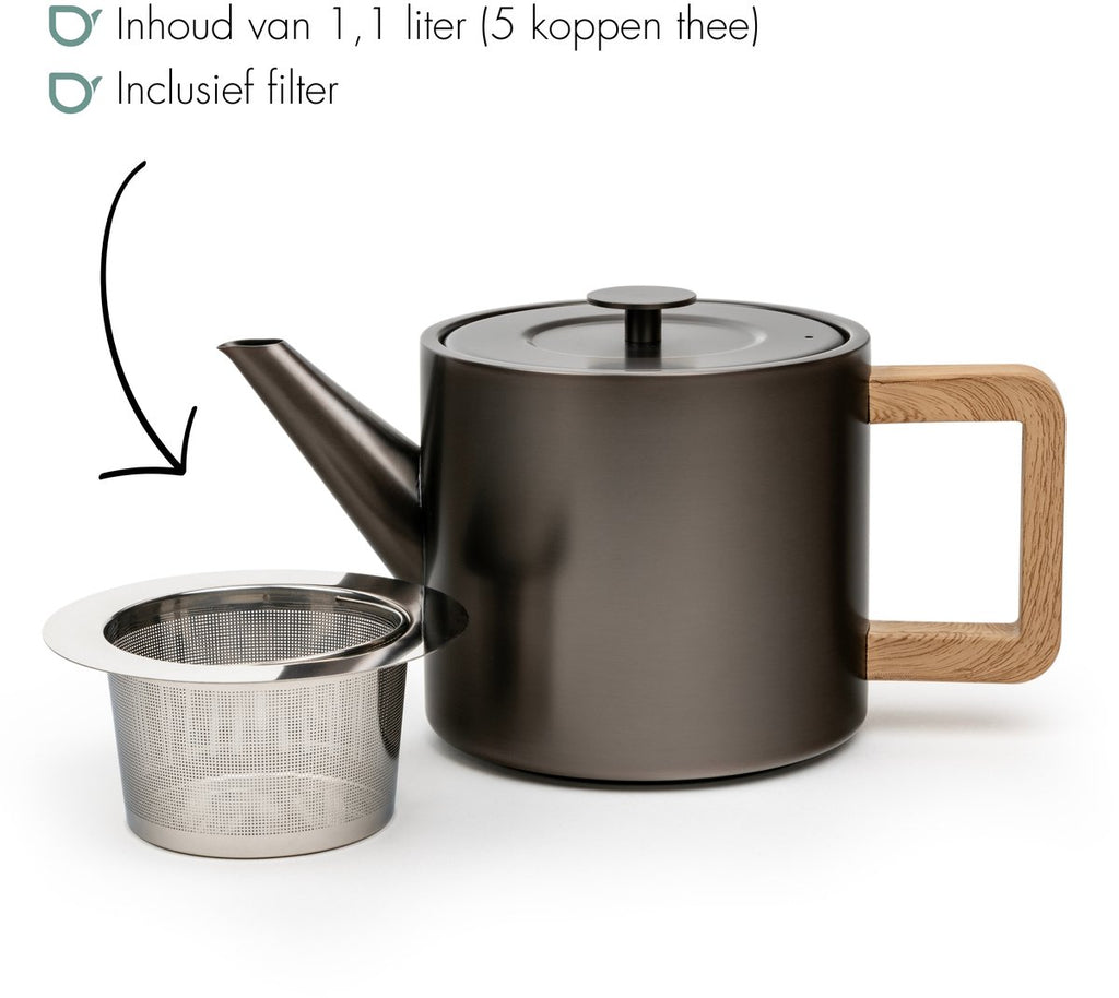 Bredemeijer - Theepot dubbelwandig Narvik - 1,1 liter - Metallic grijs - Met theezeef