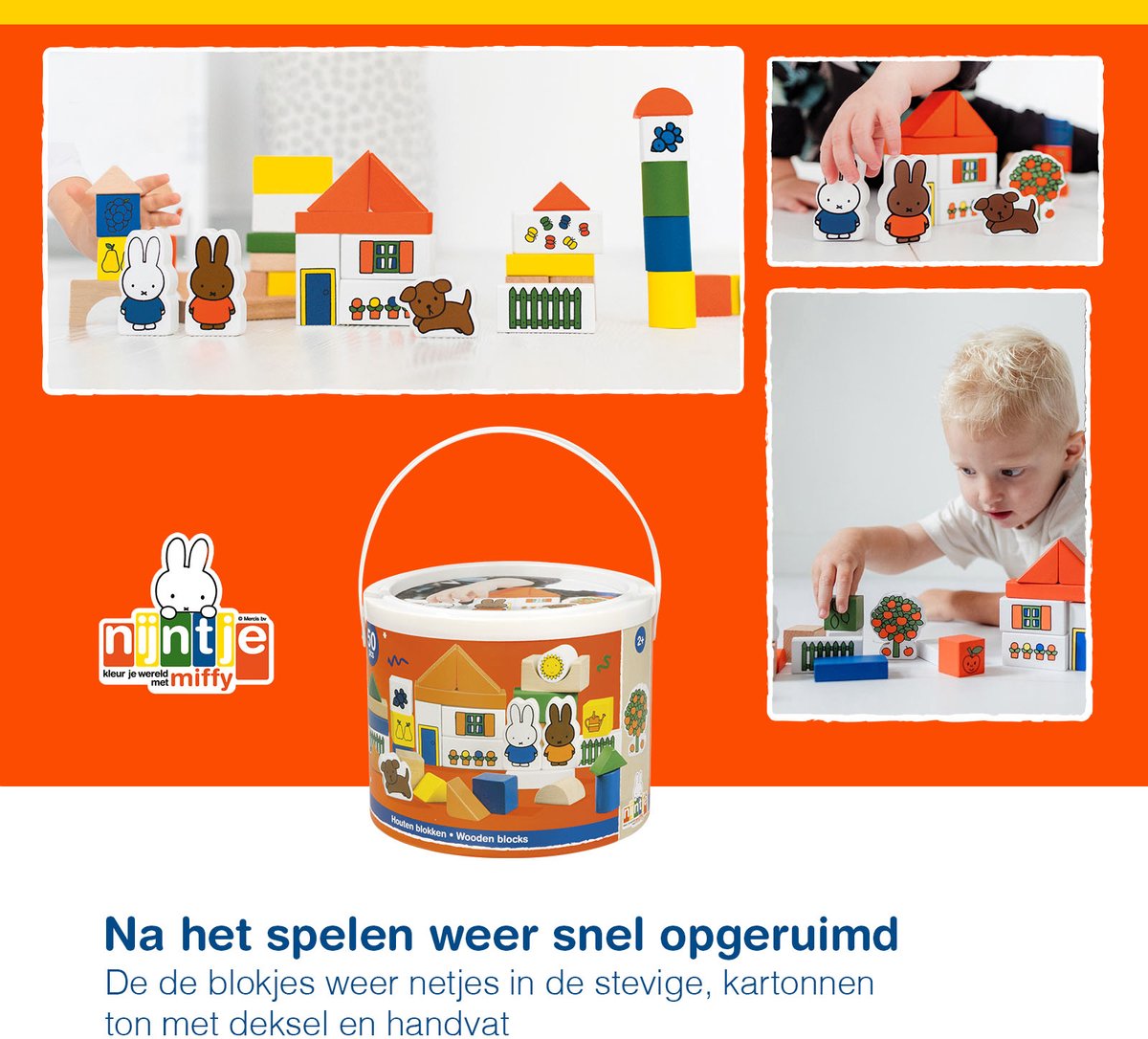 Nijntje blokkenton, houten blokken in opbergton - educatief speelgoed - peuter, kleuter - vanaf 2 jaar - Bambolino Toys