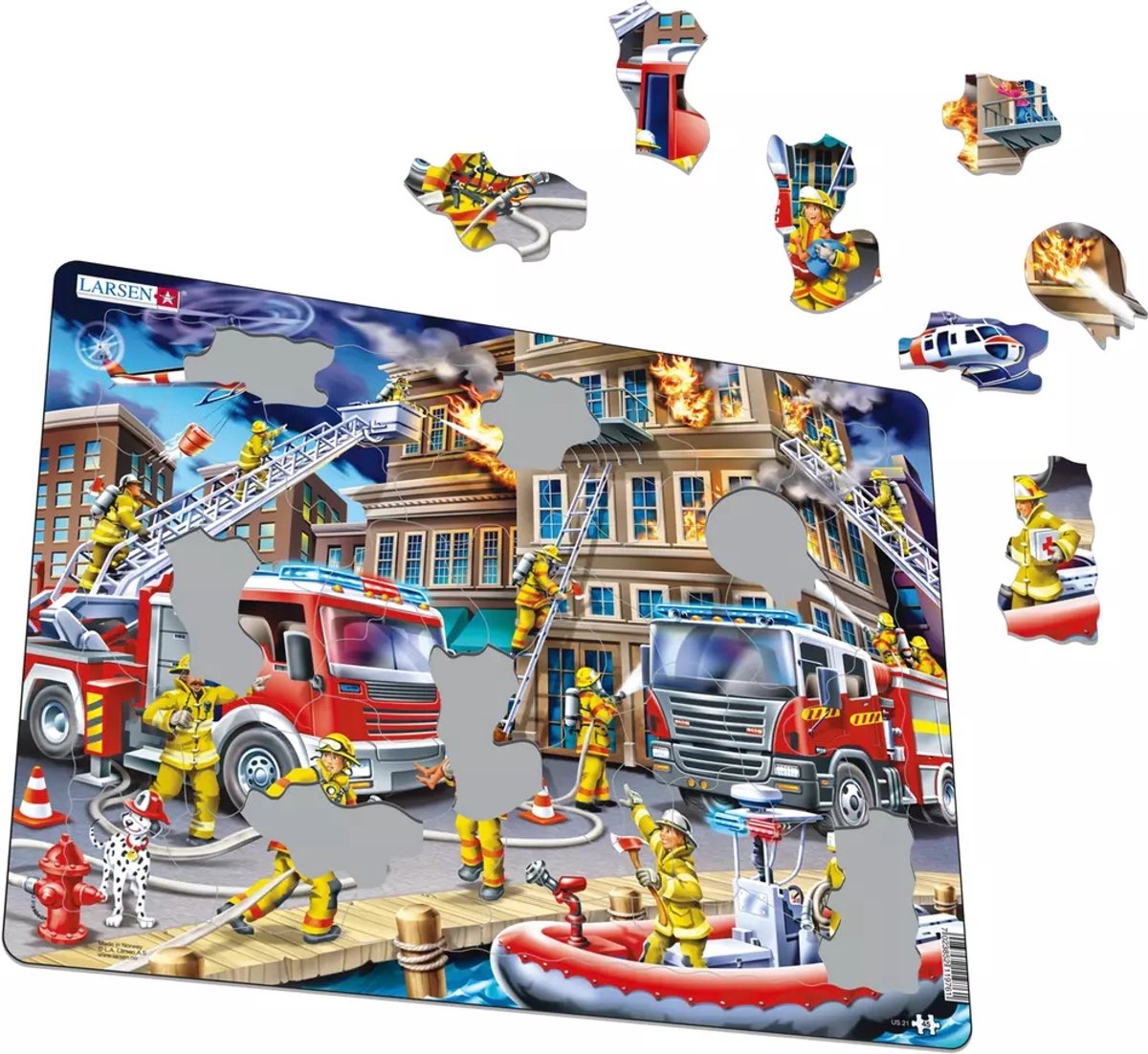 Larsen De brandweermannen – Puzzel – Voertuigen & Techniek – Brandweer – Educatieve legpuzzel voor kinderen – 45 stukjes – Gemaakt in Noorwegen – Extra dikke 2,5 mm stukjes – Tray met vaste rand