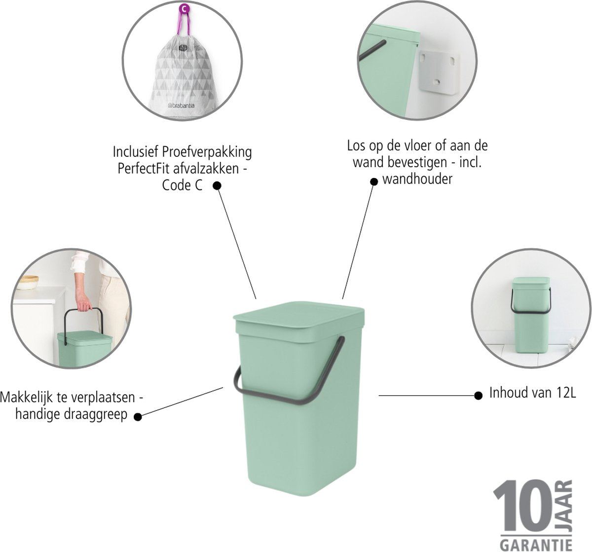 Brabantia Sort & Go Prullenbak - 12 liter - Jade Green