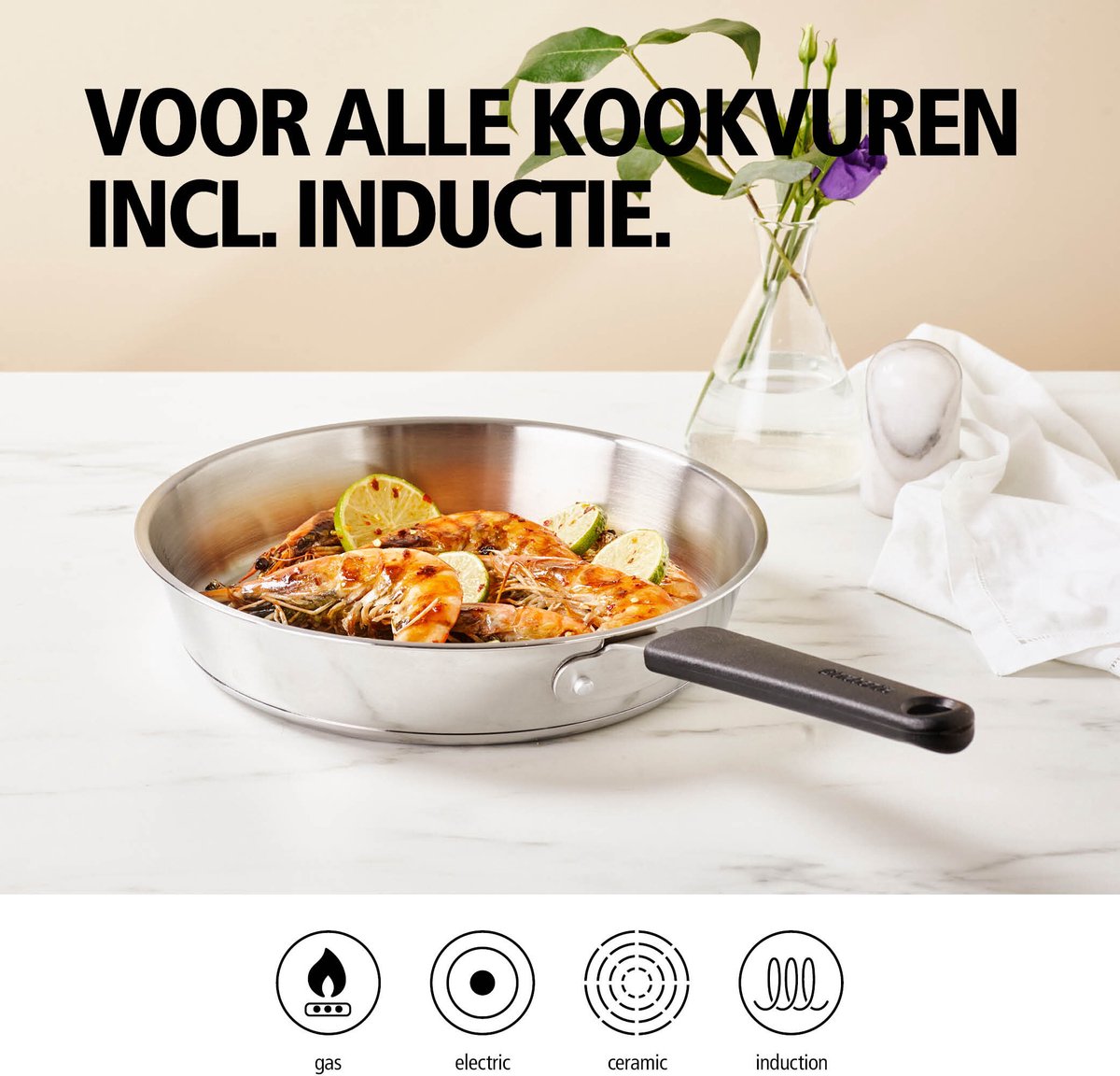 Brabantia Enjoyment Koekenpan - Ø 24 cm - RVS Koekenpan - 100% PFAS Vrij - Geschikt voor Inductie - Roestvrijstalen Pan