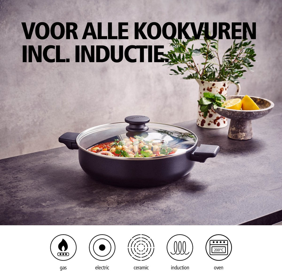 Brabantia VANTA Hapjespan - Ø 28 cm - met Deksel - Sauteerpan - Keramische Antiaanbaklaag Titanium Versterkt - Geschikt voor Inductie - 100% PFAS Vrij - Zwart