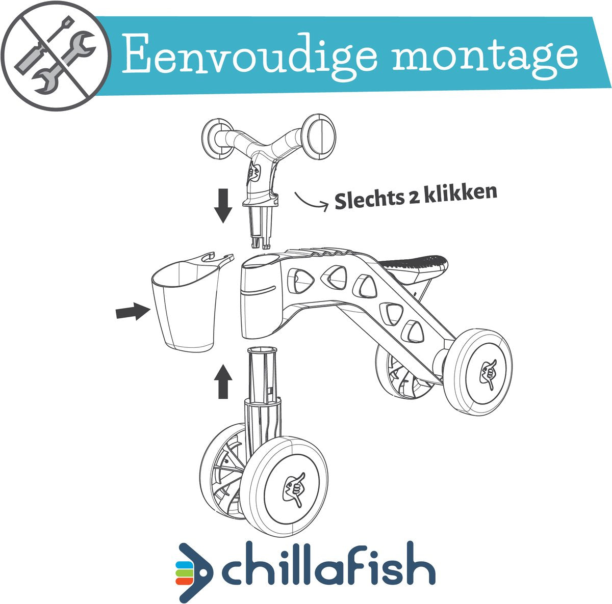 Chillafish Balance Bike for 1-year-olds for boys and girls with play blocks - Ride-on toy for toddlers up to 3 years with basket - Blue - Lightweight - Silent anti-slip tires for indoor and outdoor use - Stable four-wheeler - Model Itsibitsi