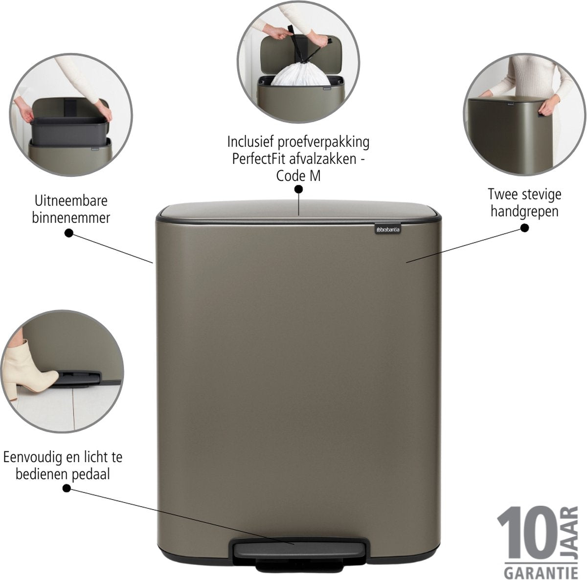 Brabantia Bo Prullenbak - 60 liter - 1 vak - Platinum