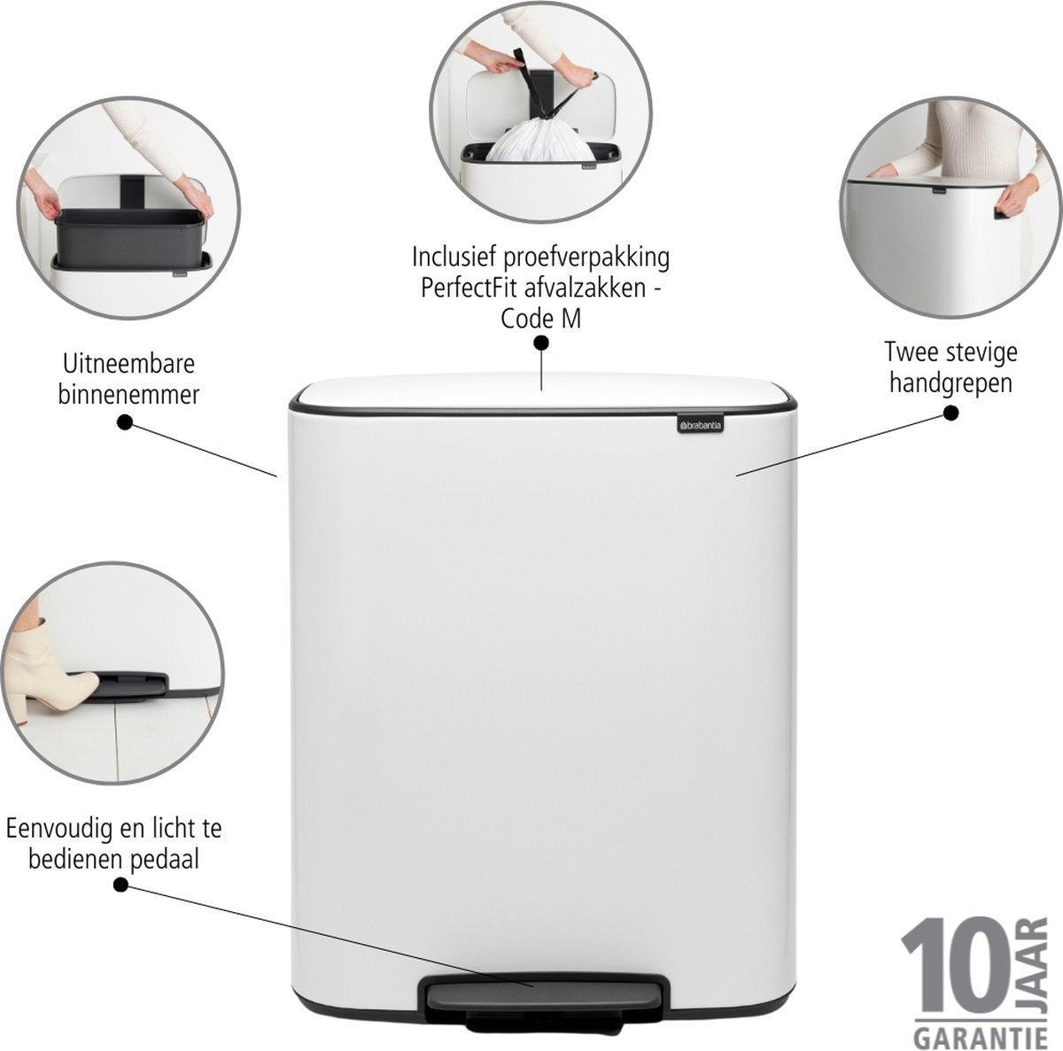Brabantia Bo Prullenbak - 60 liter - 1 vak - White