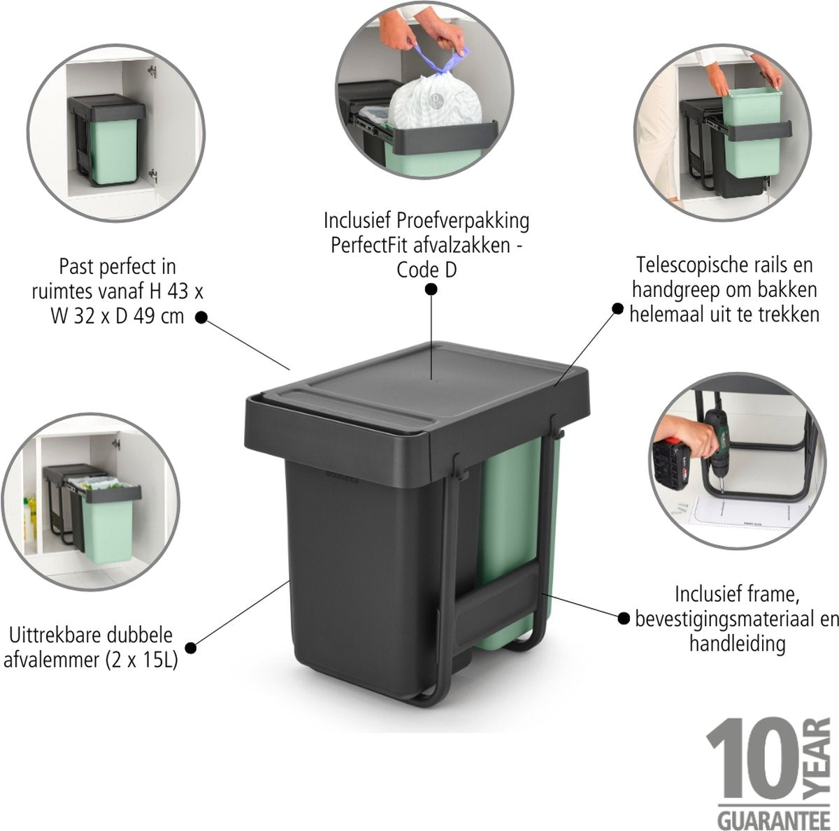 Brabantia Sort & Go Inbouw Prullenbak - 2 x 15 liter - Jade Green en Dark Grey