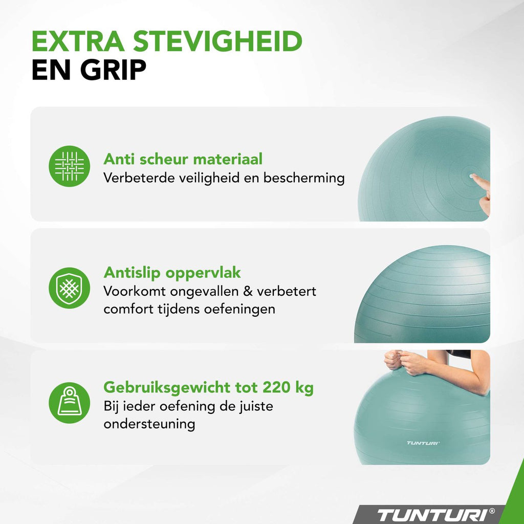Tunturi Anti-Burst Fitness Ball with Pump - Yoga ball 90 cm - Pilates ball - Birthing ball – 220 kg user weight - Incl. Training app - Petrol