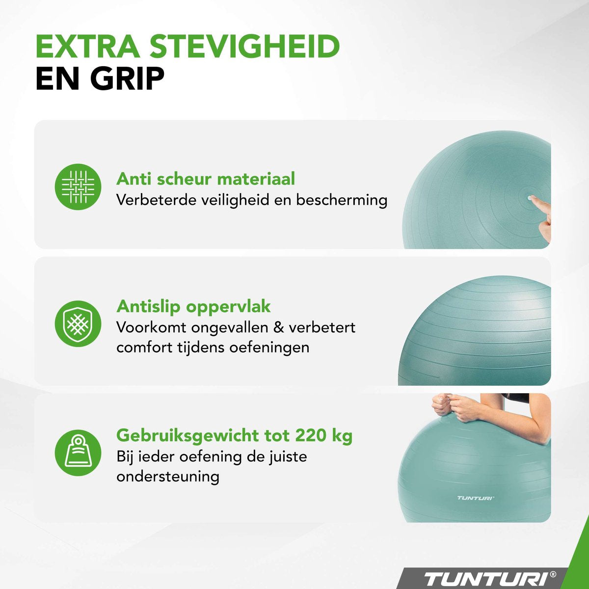 Tunturi Anti-Burst Fitness Ball with Pump - Yoga ball 90 cm - Pilates ball - Birthing ball – 220 kg user weight - Incl. Training app - Petrol