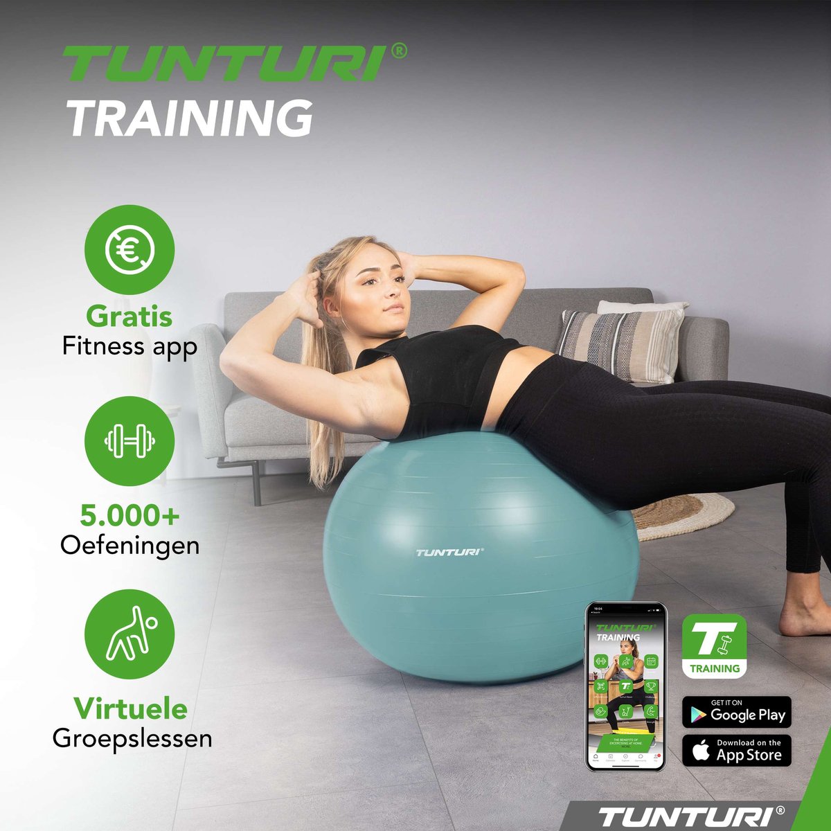 Tunturi Anti-Burst Fitness Ball with Pump - Yoga ball 90 cm - Pilates ball - Birthing ball – 220 kg user weight - Incl. Training app - Petrol
