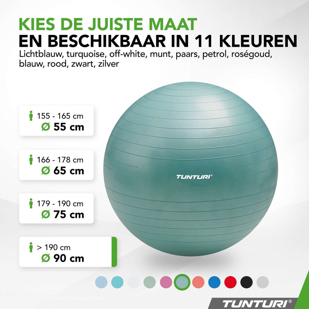 Tunturi Anti-Burst Fitness Ball with Pump - Yoga ball 90 cm - Pilates ball - Birthing ball – 220 kg user weight - Incl. Training app - Petrol