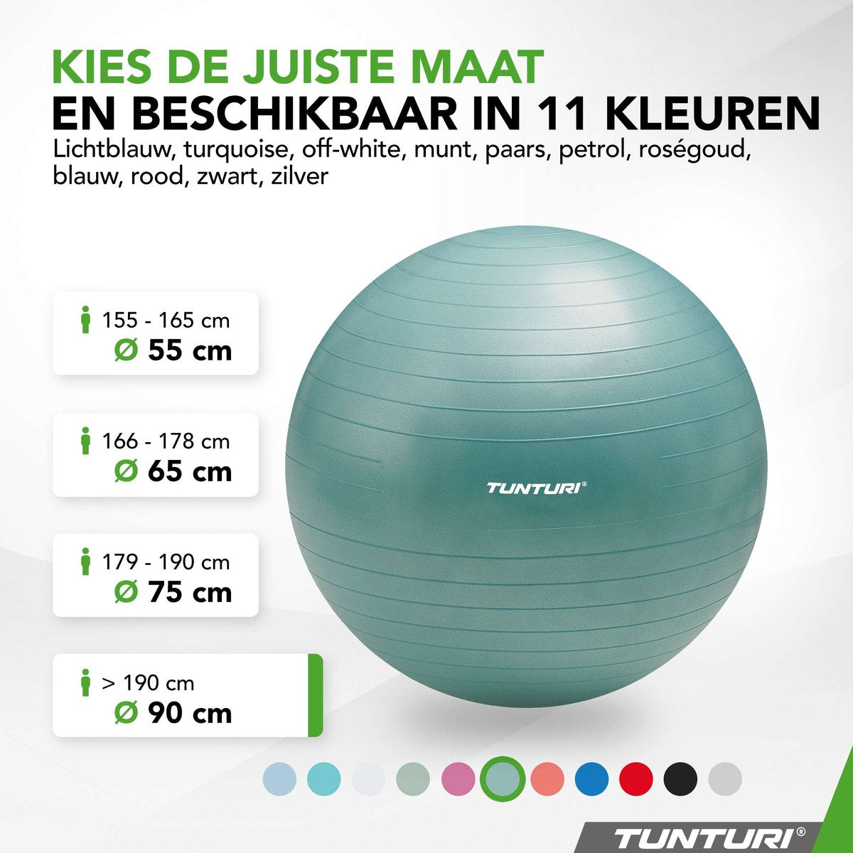 Tunturi Anti-Burst Fitness Ball with Pump - Yoga ball 90 cm - Pilates ball - Birthing ball – 220 kg user weight - Incl. Training app - Petrol