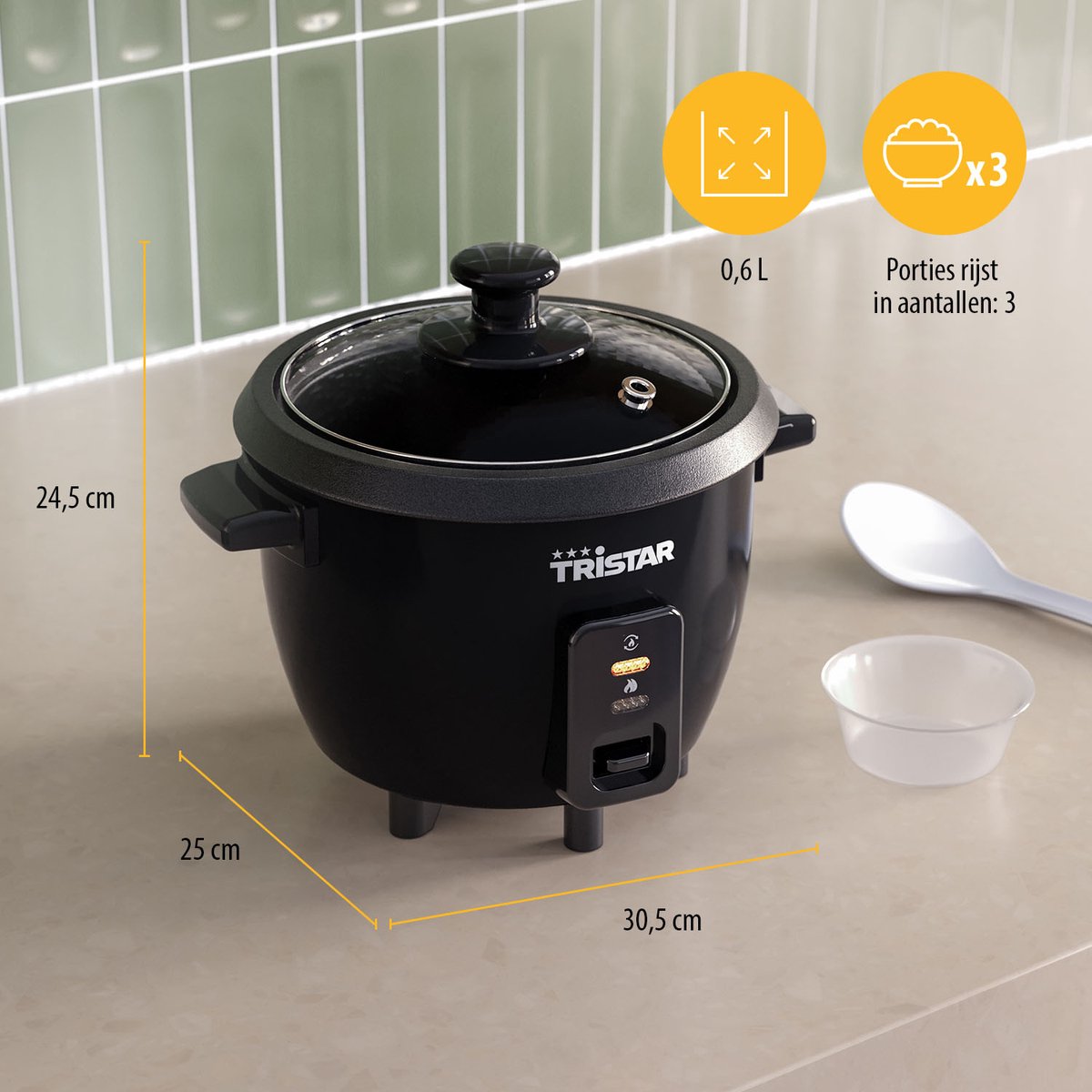 Tristar Rijstkoker 0.6L - RK-6141 - 3 personen - Compact, zuinig, eenvoudig te reinigen - Warmhoudfunctie