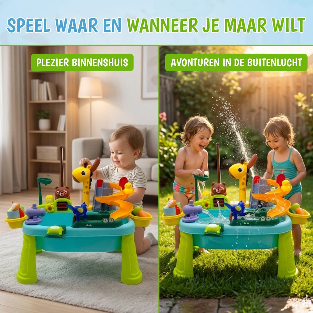 Kuddo Watertafel Kinderen – 4-in-1 Speeltafel met Water, Zand, Vissen en Glijbaan – Buitenspeelgoed voor Peuters – Inclusief Accessoires
