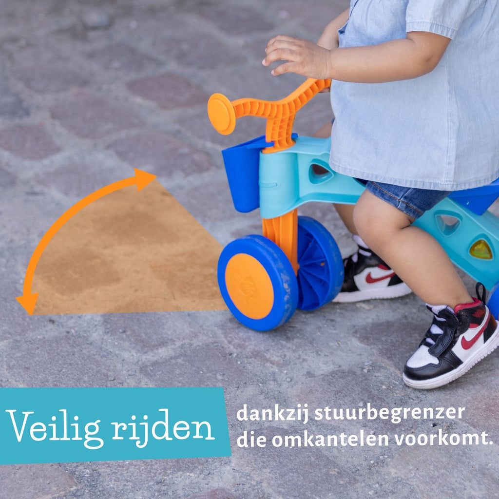 Chillafish Balance Bike for 1-year-olds for boys and girls with play blocks - Ride-on toy for toddlers up to 3 years with basket - Blue - Lightweight - Silent anti-slip tires for indoor and outdoor use - Stable four-wheeler - Model Itsibitsi
