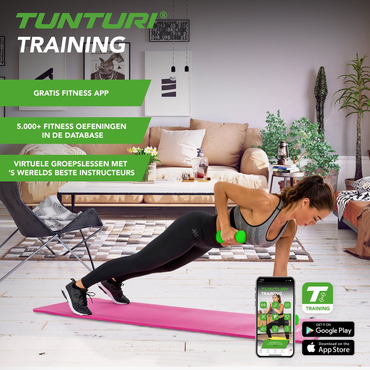 Tunturi Dumbbell set - 2 x 1,5 kg - Neopreen - Fluor Geel - Incl. gratis fitness app