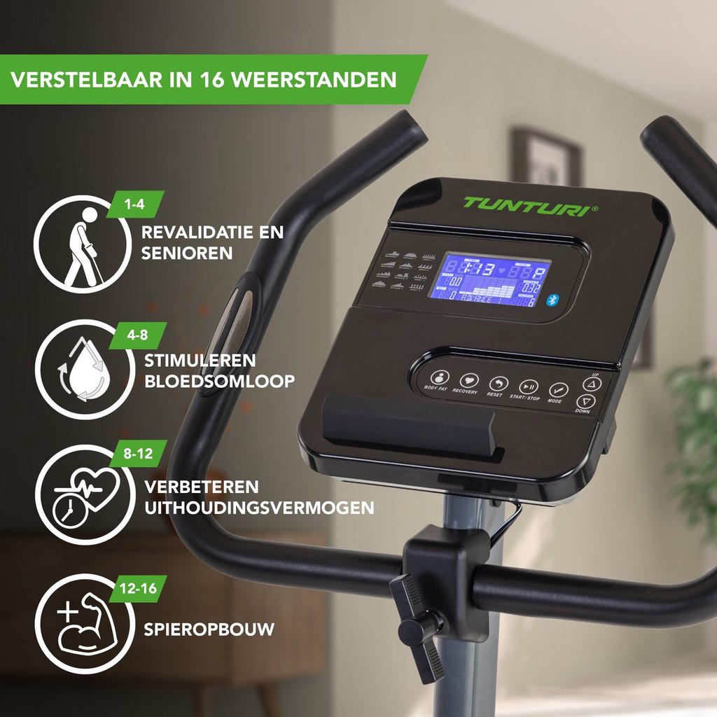 Tunturi Cardio Fit E35 Exercise Bike - Ergometer - Bluetooth - Fitness bike with 12 training programs - Comfort plus saddle - Heart rate function - Incl. free app