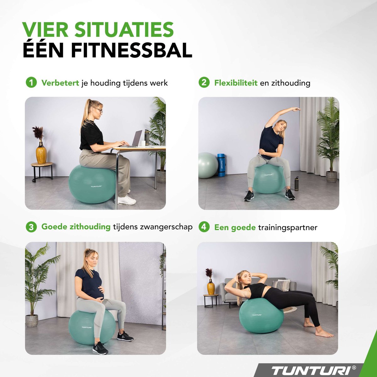 Tunturi Anti-Burst Fitness Ball with Pump - Yoga ball 90 cm - Pilates ball - Birthing ball – 220 kg user weight - Incl. Training app - Petrol