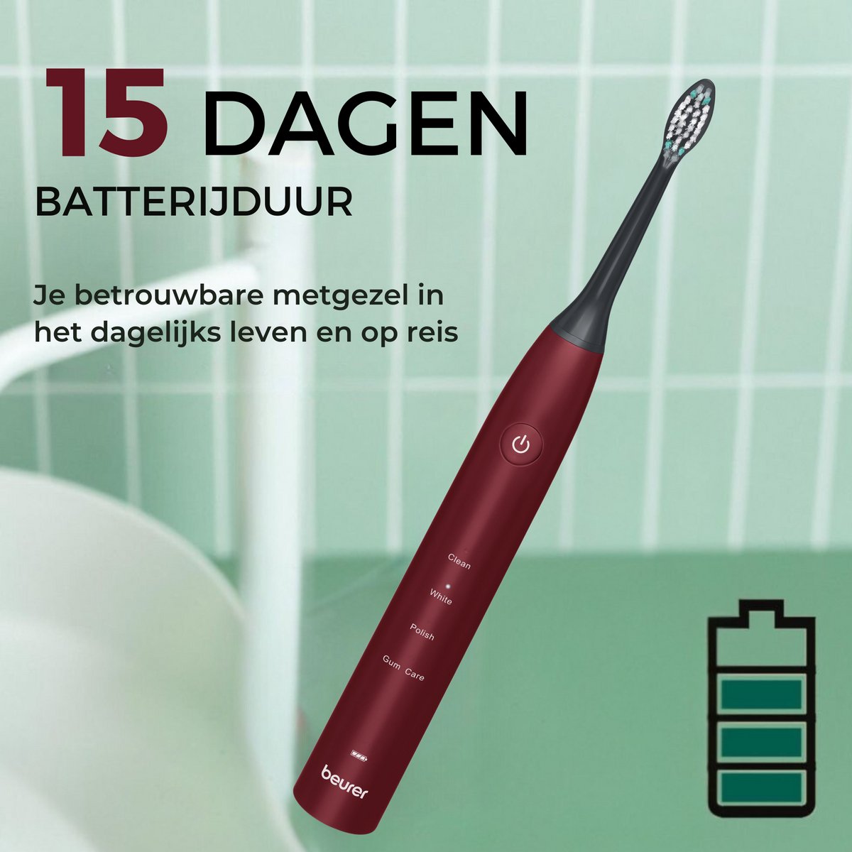 Beurer SC 30 Limited Edition 25 Elektrische Sonische Tandenborstel – Green Planet - 4 Poetsstanden – 80.000 Bewegingen p/min – 2 Opzetborstels – Timer - USB-C laadkabel – Gerecycled – 15 Dagen Accuduur - 3 Jaar garantie - Bordeaux