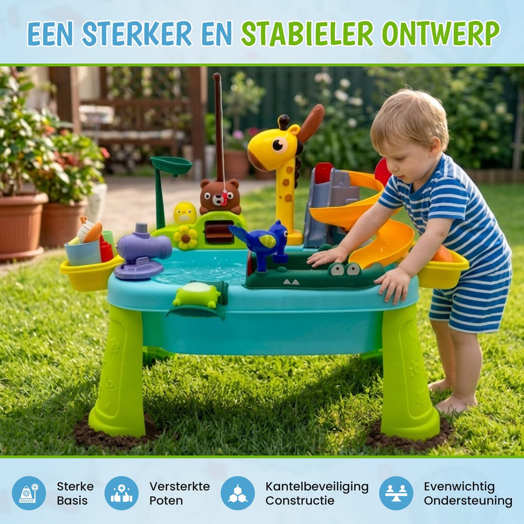 Kuddo Watertafel Kinderen – 4-in-1 Speeltafel met Water, Zand, Vissen en Glijbaan – Buitenspeelgoed voor Peuters – Inclusief Accessoires