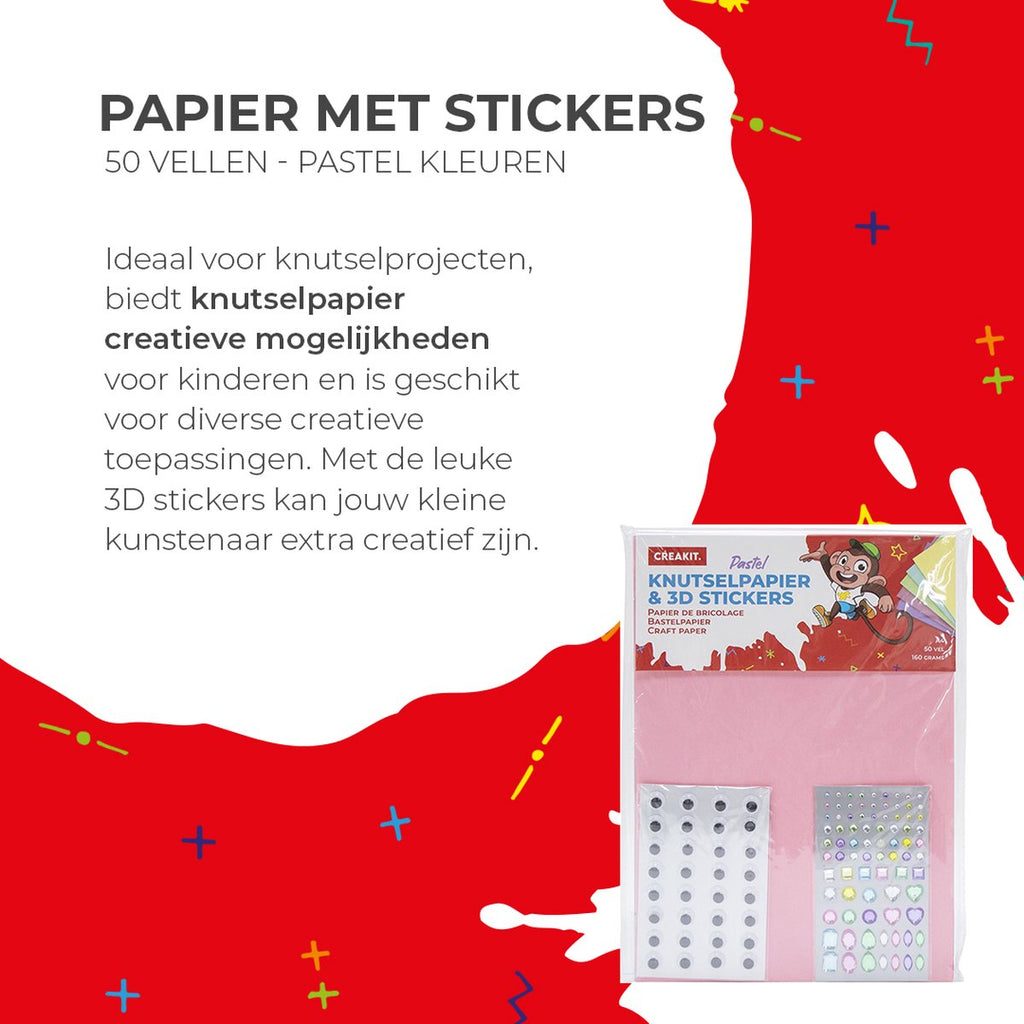CREAKIT. Knutselpapier met 3D Stickers – Tekenpapier – Knutseloogjes – Knutseldiamantjes – Stickers – Pastel Kleuren – 50 vellen – A4 Formaat