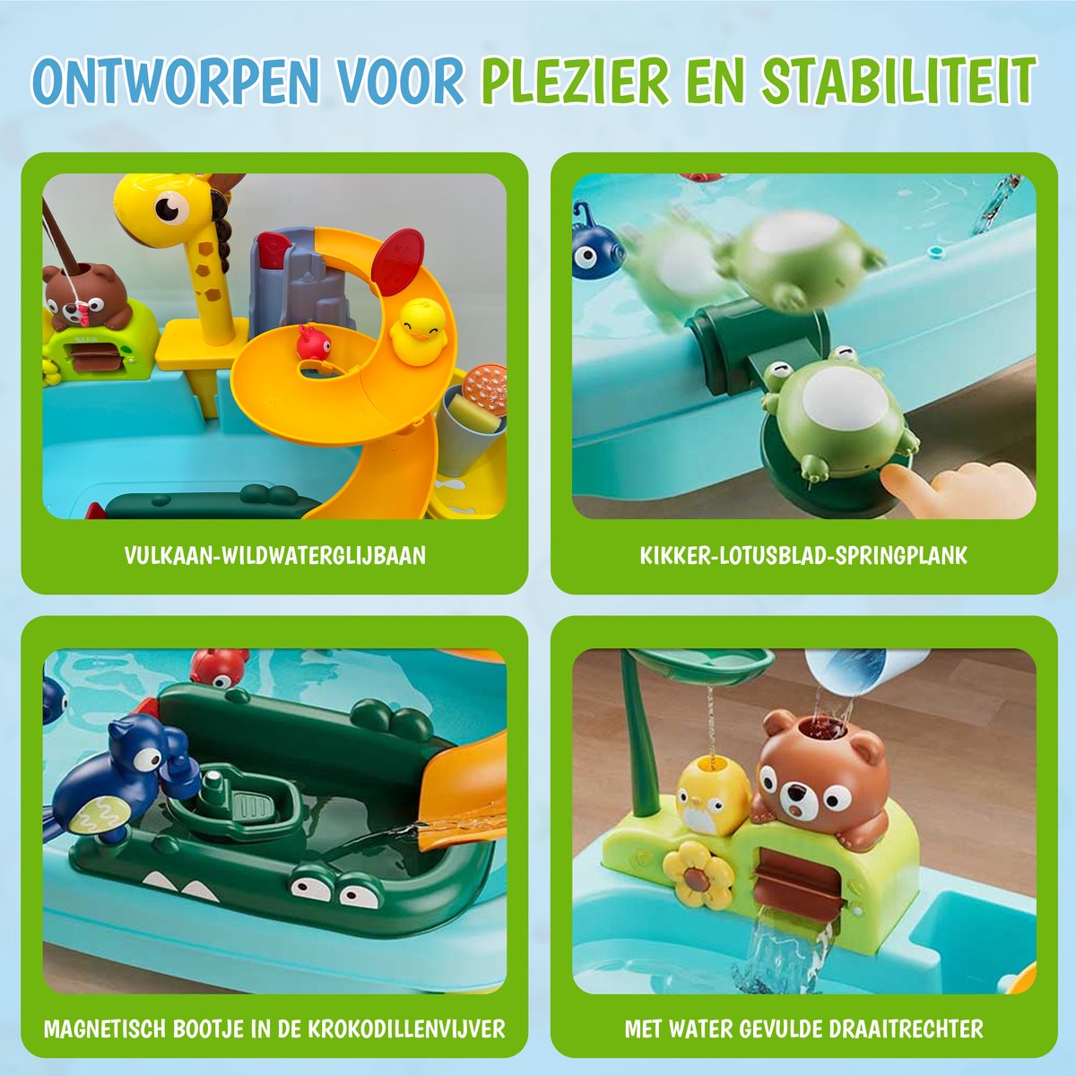 Kuddo Watertafel Kinderen – 4-in-1 Speeltafel met Water, Zand, Vissen en Glijbaan – Buitenspeelgoed voor Peuters – Inclusief Accessoires