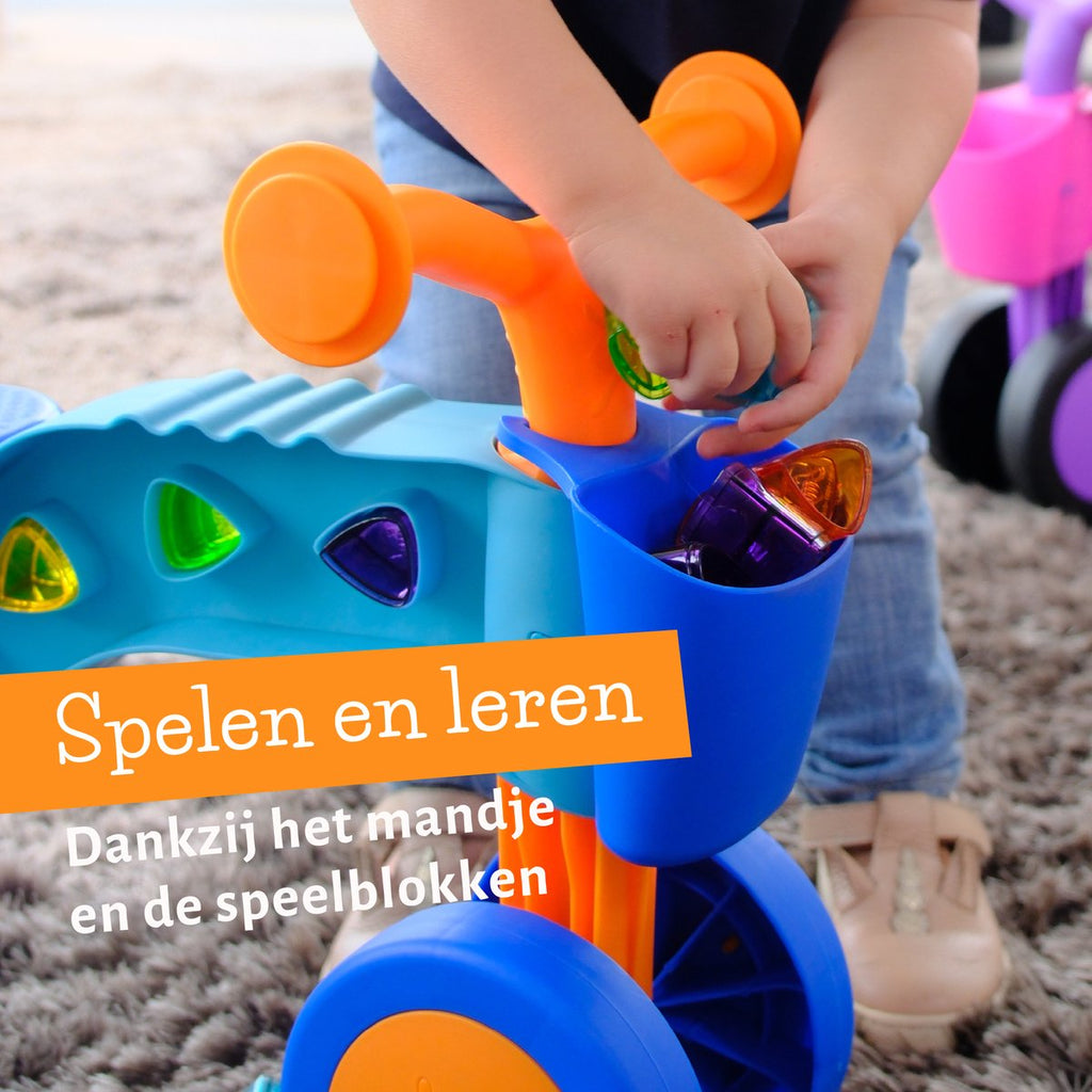 Chillafish Balance Bike for 1-year-olds for boys and girls with play blocks - Ride-on toy for toddlers up to 3 years with basket - Blue - Lightweight - Silent anti-slip tires for indoor and outdoor use - Stable four-wheeler - Model Itsibitsi