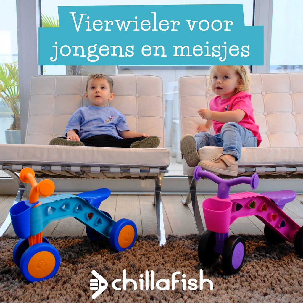 Chillafish Balance Bike for 1-year-olds for boys and girls with play blocks - Ride-on toy for toddlers up to 3 years with basket - Blue - Lightweight - Silent anti-slip tires for indoor and outdoor use - Stable four-wheeler - Model Itsibitsi