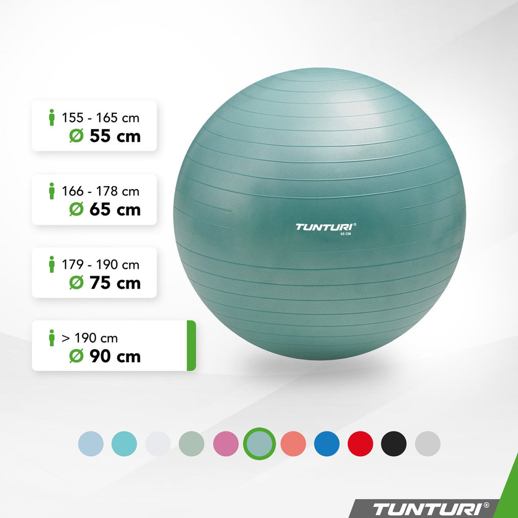 Tunturi Anti-Burst Fitness Ball with Pump - Yoga ball 90 cm - Pilates ball - Birthing ball – 220 kg user weight - Incl. Training app - Petrol