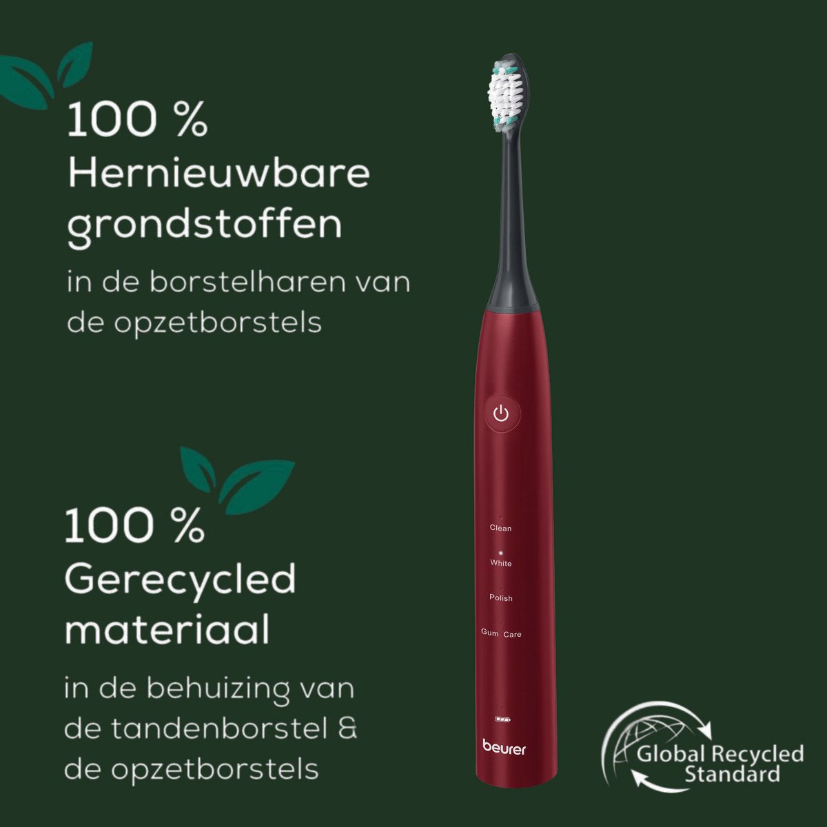 Beurer SC 30 Limited Edition 25 Electric Sonic Toothbrush – Green Planet - 4 Cleaning Modes – 80,000 Movements per min – 2 Brush Heads – Timer - USB-C charging cable – Recycled – 15-Day Battery Life - 3-Year Warranty - Bordeaux
