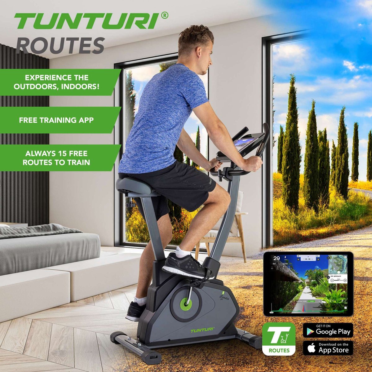 Tunturi Cardio Fit E35 Exercise Bike - Ergometer - Bluetooth - Fitness bike with 12 training programs - Comfort plus saddle - Heart rate function - Incl. free app