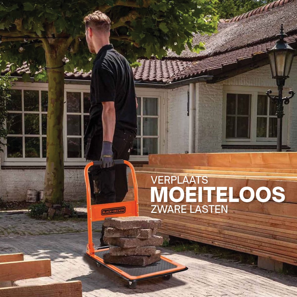 BLACK+DECKER BXWT-H303 Plateauwagen Inklapbaar - Platformwagen Max. 80KG - Transportwagen 60 x 40 x 80,5 cm - Transportkar met Handvat - Makkelijk op te Bergen - Staal