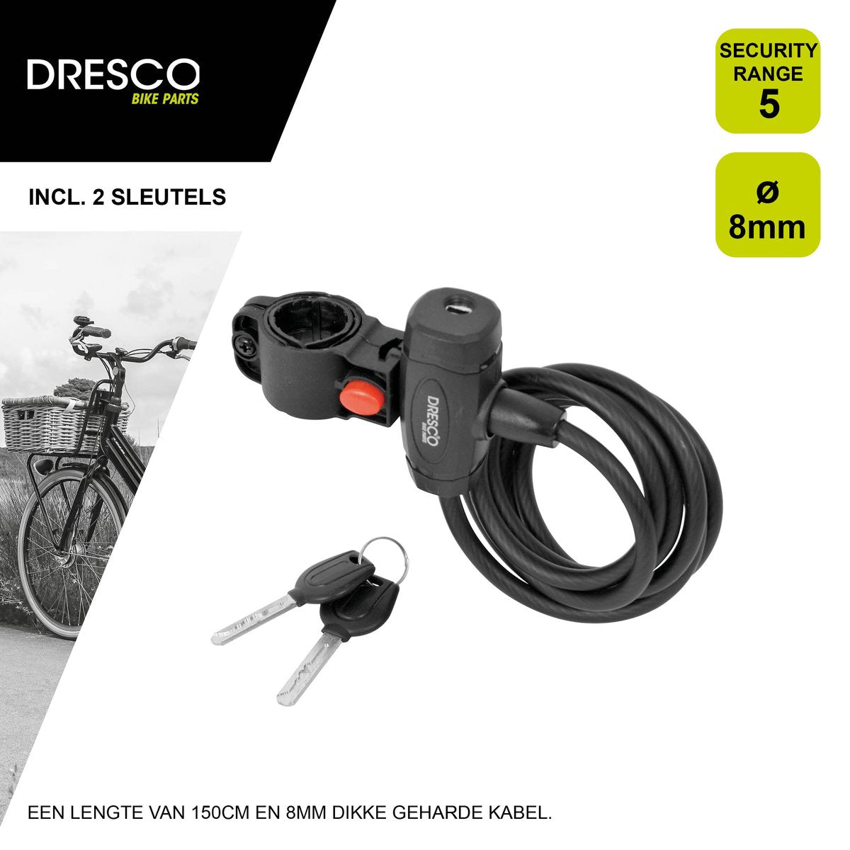 Dresco Kabelslot 150/8 - Spiraalslot - 150cm - Rond 8mm - Met steun - Matzwart
