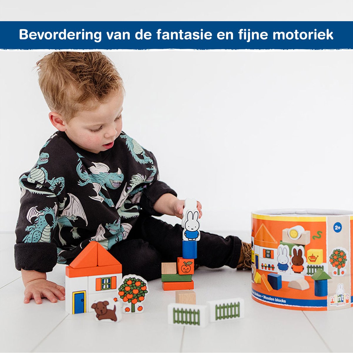 Nijntje blokkenton, houten blokken in opbergton - educatief speelgoed - peuter, kleuter - vanaf 2 jaar - Bambolino Toys