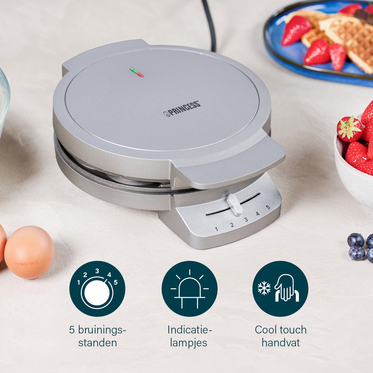 Princess 132380 Wafelijzer – 5 hartvormige wafels - 1200W - Regelbare thermostaat – 5 standen - Anti aanbaklaag - PFAS-vrij - Zilver - Gaufrier