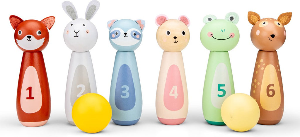Woet® Wooden Animal Bowling Set for Kids - Skittle Game with 6 Pins and 2 Balls - Educational Game - From 3 Years