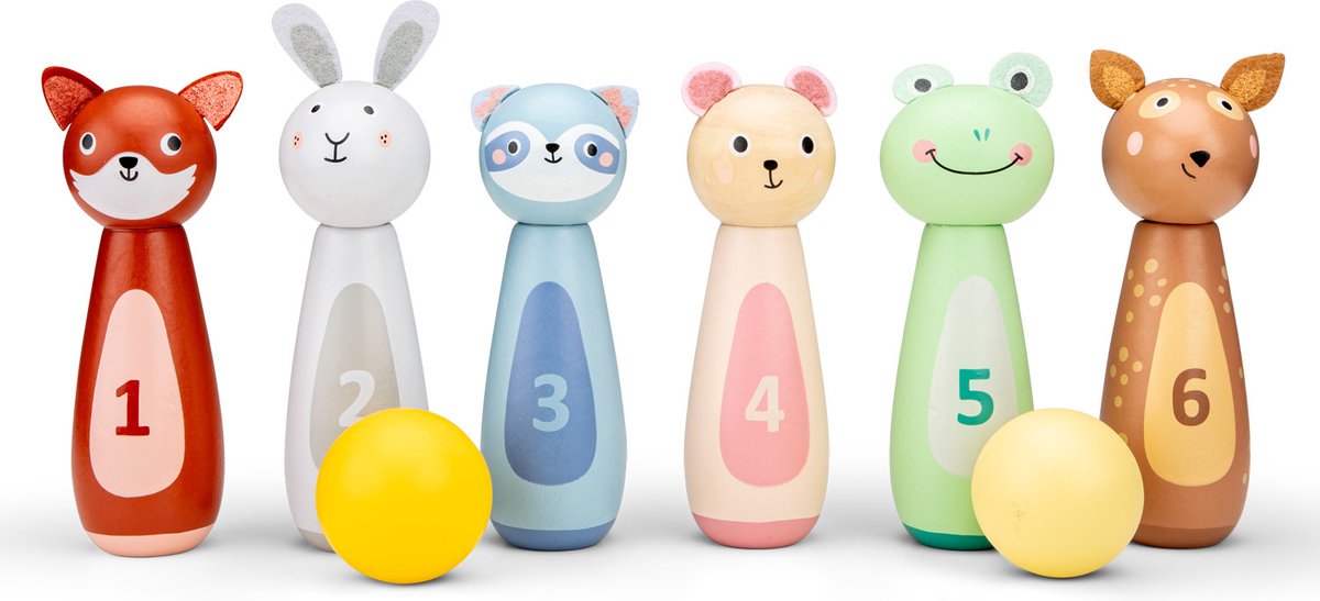 Woet® Houten Dieren Bowling Set voor Kinderen - Kegelspel met 6 Kegels en 2 Ballen - Educatief Spel - Vanaf 3 Jaar