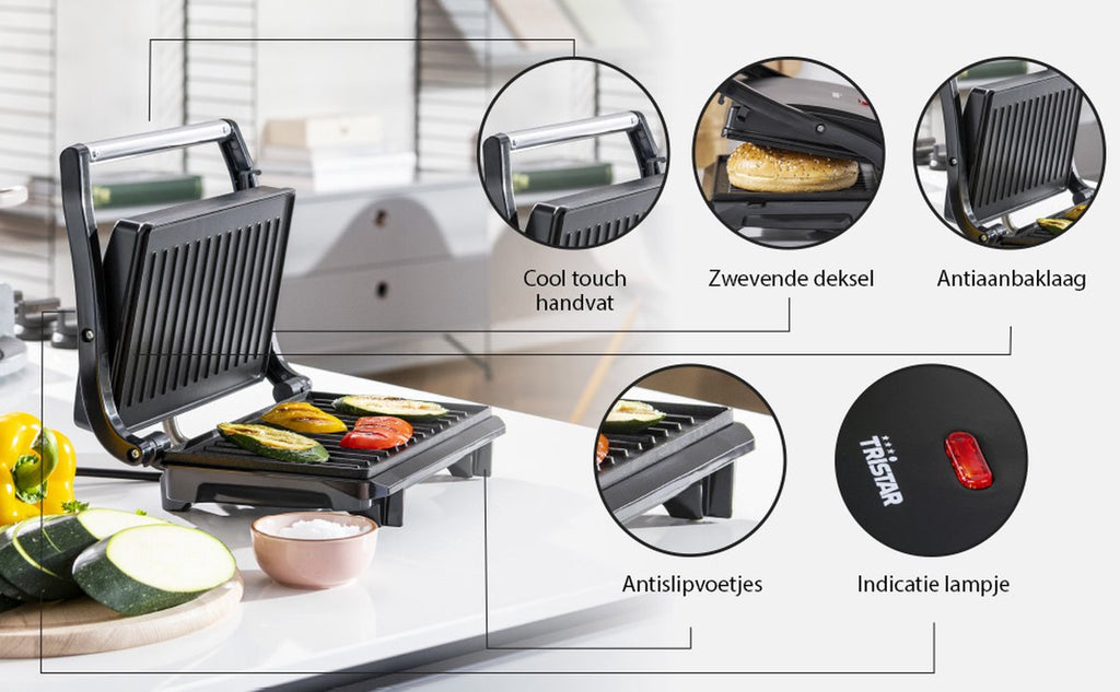 Tristar Contactgrill - GR-2650 - 700W - Tosti apparaat - Panini grill- 22,5x14cm bakoppervlak - Verticaal opbergen - Zwart