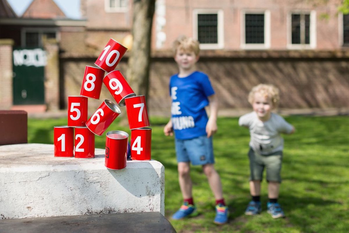 BS Toys Blikgooien Werpspel - Speelgoed Pittenzak Gooien - Kinderspeelgoed vanaf 3 Jaar - Buitenspeelgoed - 10 Blikken - Rood - Spelletjes voor kinderen - Buiten speelgoed - Buitenspel - Buiten Spellen - Tuin Speelgoed - Cadeau kind