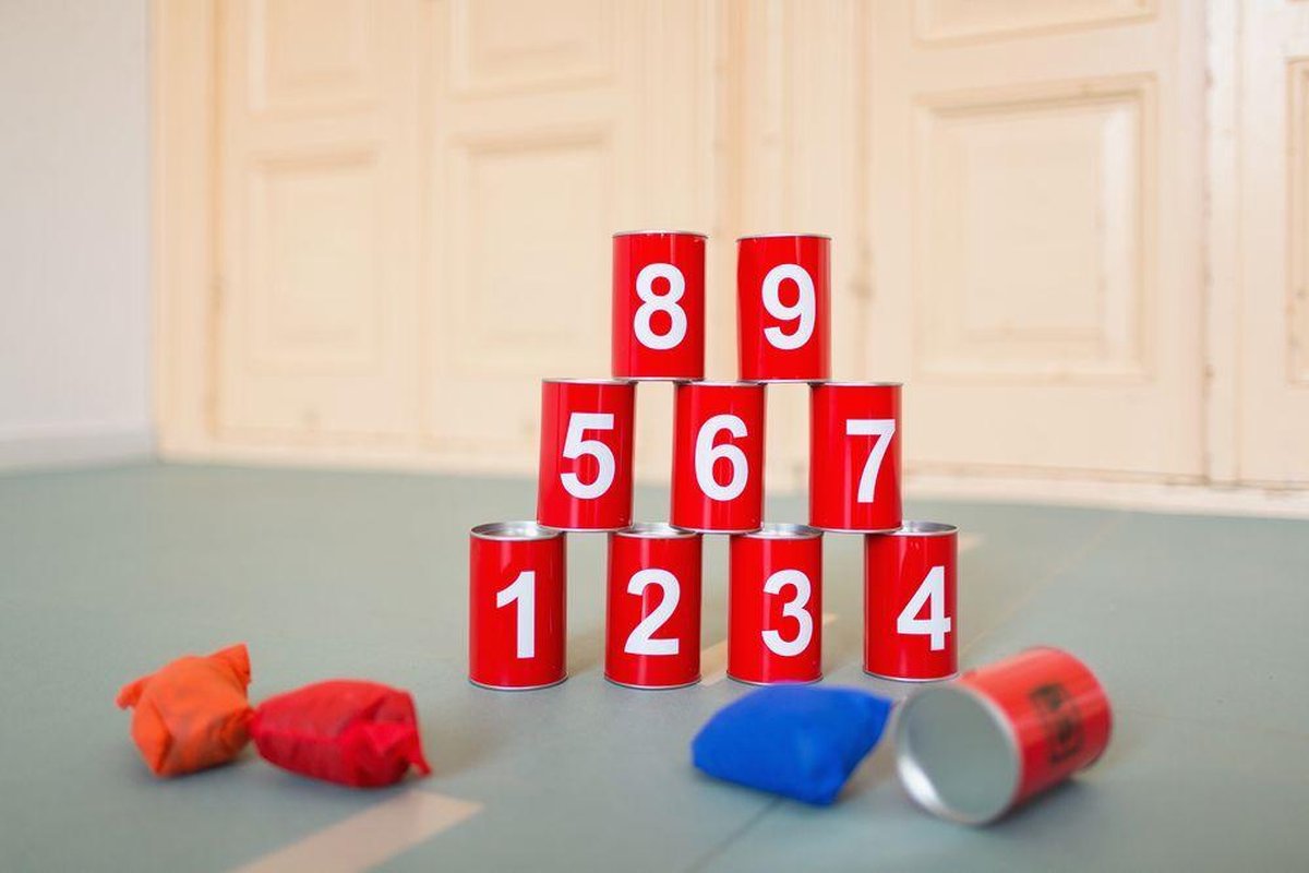 BS Toys Tin Can Alley Throwing Game - Bean Bag Toss Toy - Kids' Toys for Ages 3 and Up - Outdoor Toys - 10 Cans - Red - Games for Kids - Outdoor Toys - Outdoor Game - Outdoor Games - Garden Toys - Children's Gift