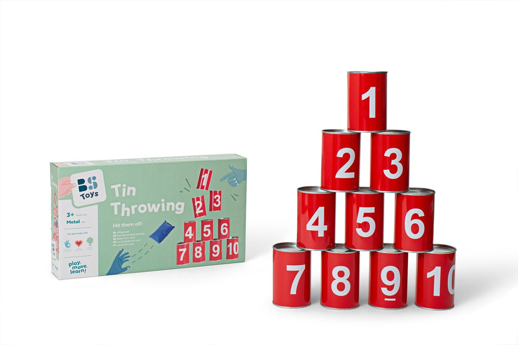 BS Toys Tin Can Alley Throwing Game - Bean Bag Toss Toy - Kids' Toys for Ages 3 and Up - Outdoor Toys - 10 Cans - Red - Games for Kids - Outdoor Toys - Outdoor Game - Outdoor Games - Garden Toys - Children's Gift