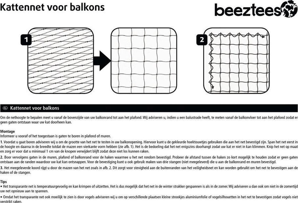 Beeztees Kattennet - Kattengaas voor balkon - Eenvoudig te bevestigen - Transparant - 8x3 m