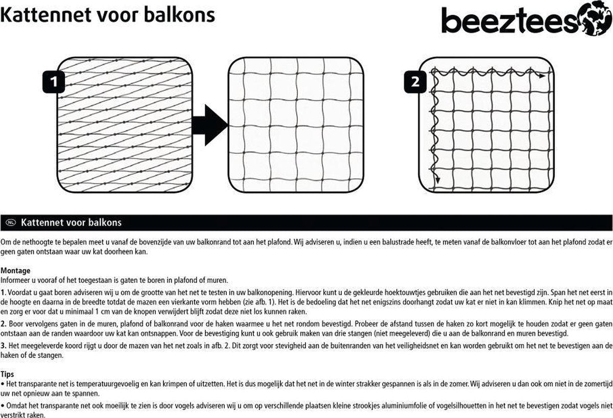 Beeztees Kattennet - Kattengaas voor balkon - Eenvoudig te bevestigen - Transparant - 8x3 m