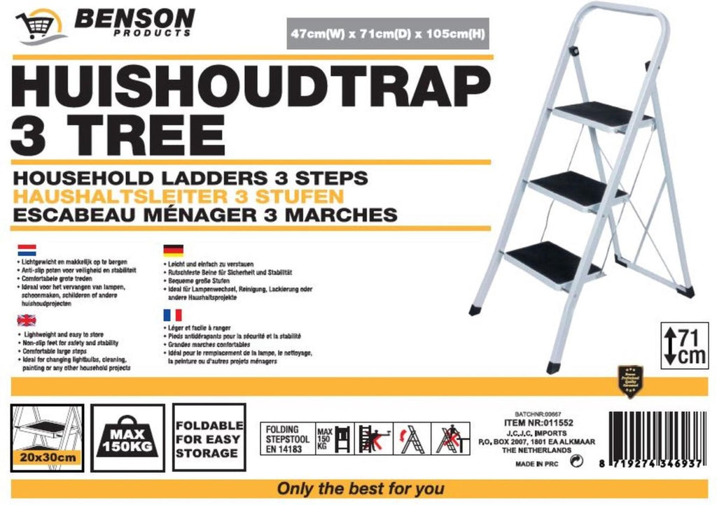 Benson inklapbare huishoudtrap 3 treden - Anti Slip - Wit