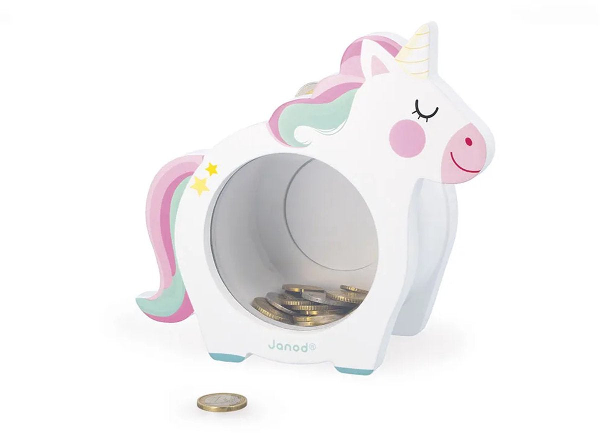 Janod - Unicorn - Houten spaarpot met transparante voorkant